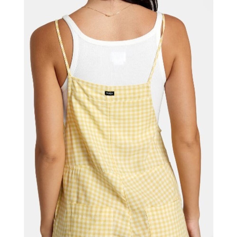 RVCA Women’s Yellow Gingham WideLeg Overalls Size M Cottagecore Picnic Coastal - Picture 4 of 13